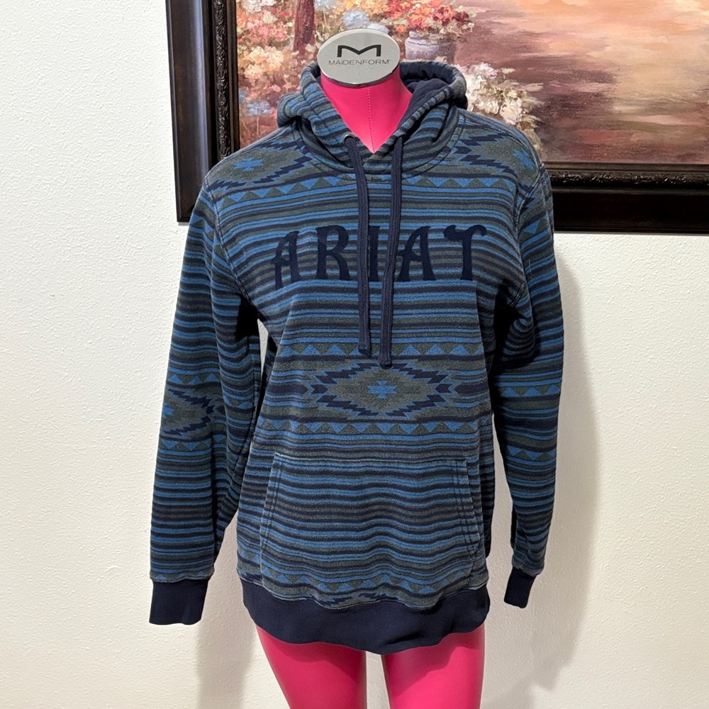 Ariat REAL Hoodie Sweatshirt Native Navajo Aztec Blue Stripes Size Medium